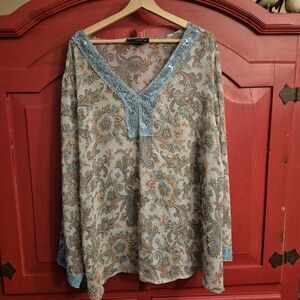 Venezia Size 2x/3x  Turquoise Blouse Tunic Shirt Lace Accent Floral Paisley READ